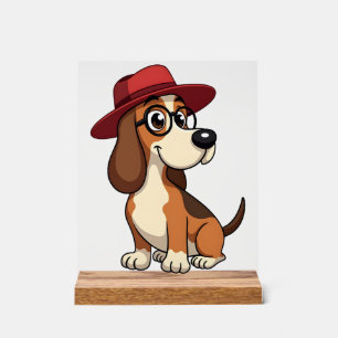 Panneau En Acrylique Dessin animé vintage Basset Hound au chapeau rouge