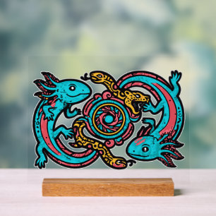 Panneau En Acrylique Dieu aztèque Xolotl combattant l'art tribal de la