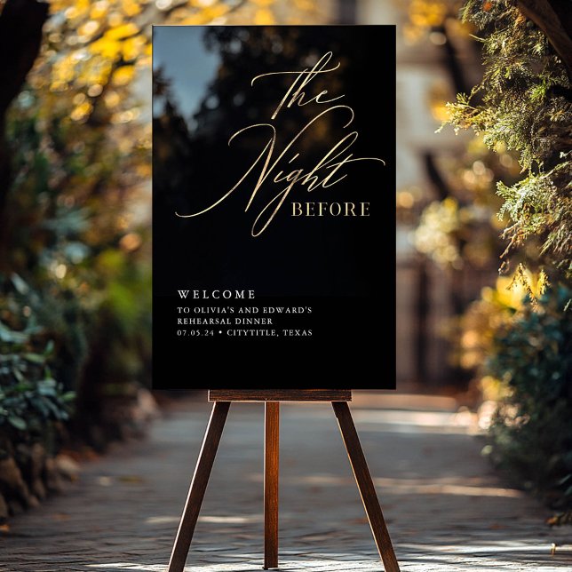 Panneau En Acrylique Dîner de répétition de script Bienvenue noir et or (Black and Gold Calligraphy Script Rehearsal Dinner Welcome Sign )