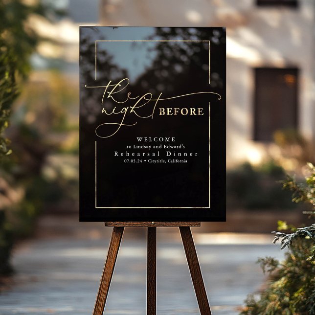 Panneau En Acrylique Dîner de répétition moderne Accueil noir et or (Rehearsal Dinner Welcome Sign in Gold and Black)
