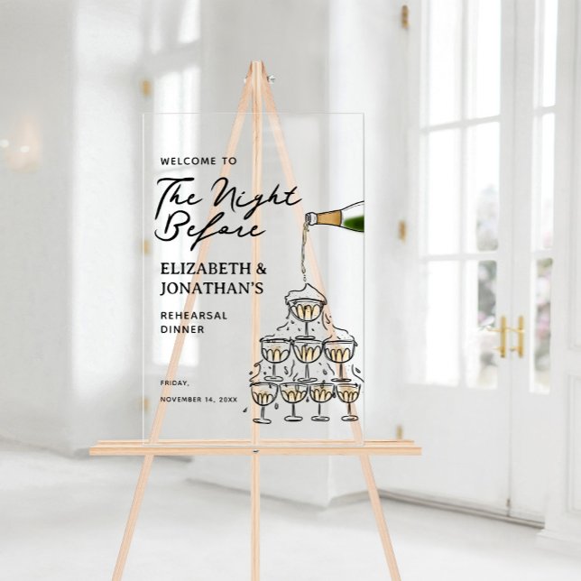 Panneau En Acrylique Dîner de répétition Whimsical Champagne (Whimsical Champagne Rehearsal Dinner Welcome Acrylic Sign)