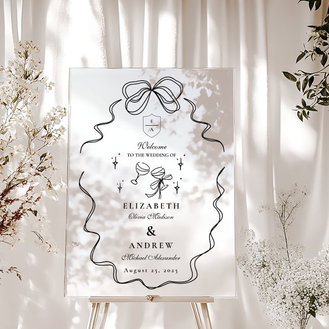 Panneau En Acrylique Doodle Champagne Whimsical Bow Mariage (Créateur téléchargé)