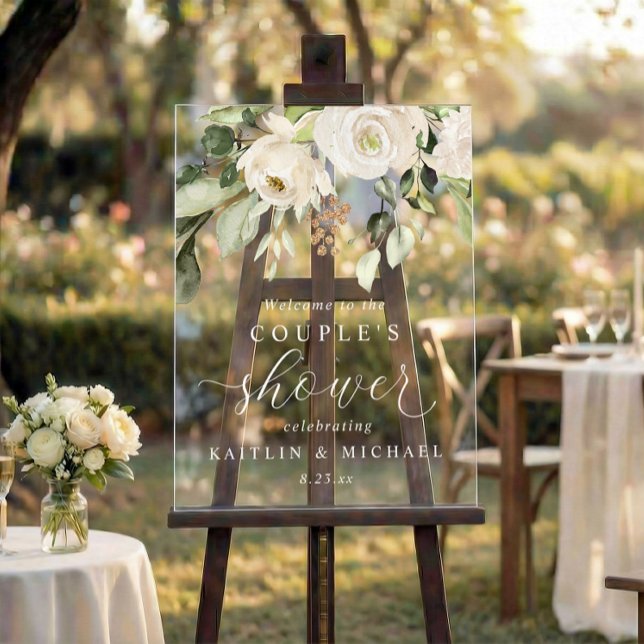 Panneau En Acrylique Douce Nuit Fleurs Blanches de Floraison Verte pour (Clear acrylic bridal shower welcome sign with white floral design and greenery accents)