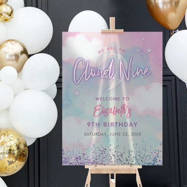 Panneau En Acrylique Dreamy Girl On Cloud Neuf 9e anniversaire Bienvenu (Dreamy Girly On Cloud Nine 9th Birthday Welcome Acrylic Sign)