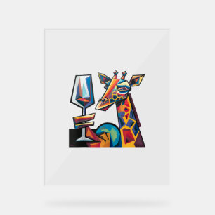 Panneau En Acrylique Drôle Giraffe Colorée Boire Vin Rouge Cubisme Ab