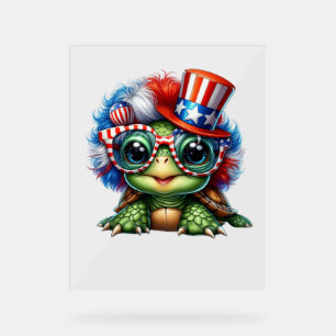 Panneau En Acrylique Drôle Tortue Patriotique USA Drapeau Sunglass