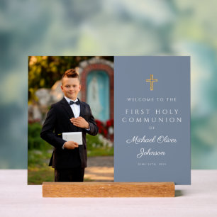 Panneau En Acrylique Dusty Blue Boy Photo First Communion Bienvenue