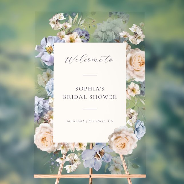 Panneau En Acrylique Dusty Blue Cream Floral Wedding Bienvenue (Neutre)