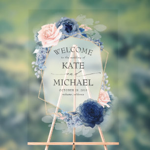 Panneau En Acrylique Dusty Blue et Blush Floral Mariage Bienvenue