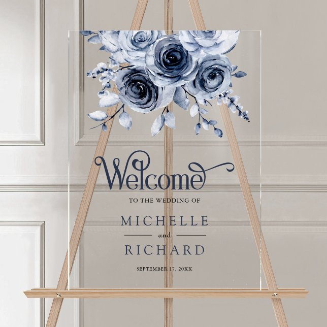 Panneau En Acrylique Dusty Blue Floral Wedding Welcome (Créateur téléchargé)