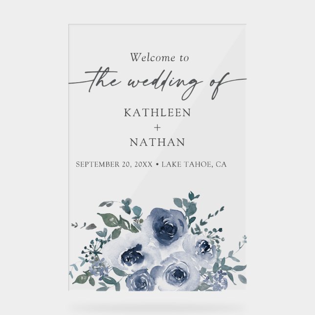 Panneau En Acrylique Dusty Blue Floral Wedding Welcome  (Recto)