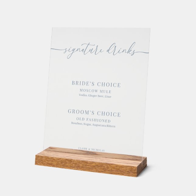 Panneau En Acrylique Dusty Blue Moderne Élégant Mariage Signature Boiss (Angle)