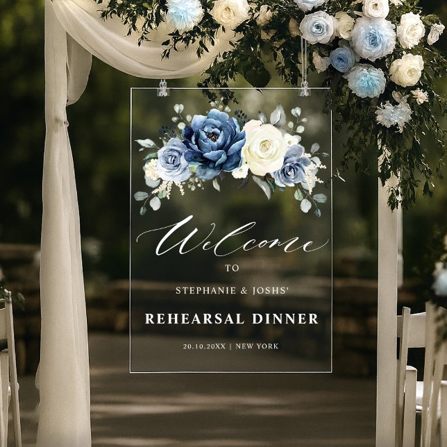 Panneau En Acrylique Dusty Blue Navy  Ivory Rehearsal Dinner Welcome (Dusty Blue Navy Ivory Floral Rehearsal Dinner Welcome Acrylic Sign)