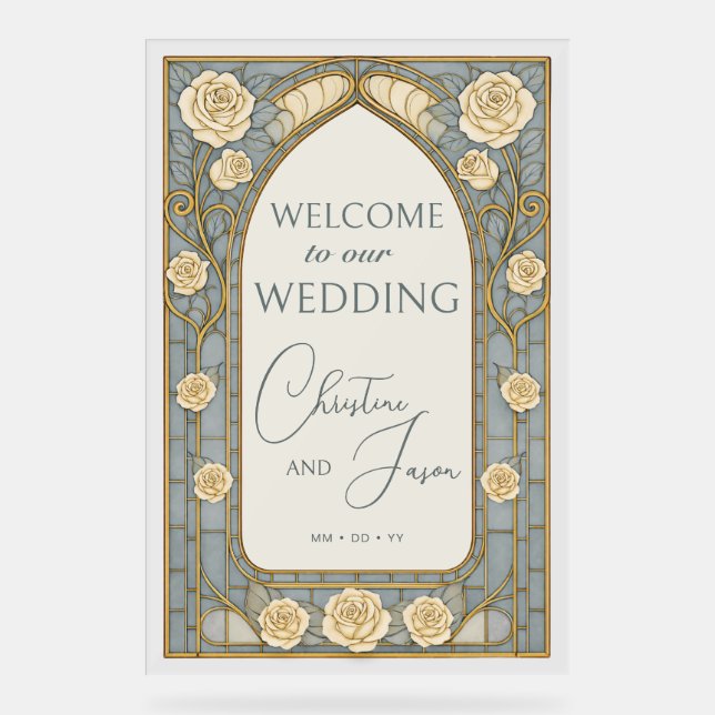 Panneau En Acrylique Dusty Blue Stained Glass Floral Wedding Welcome  (Recto)