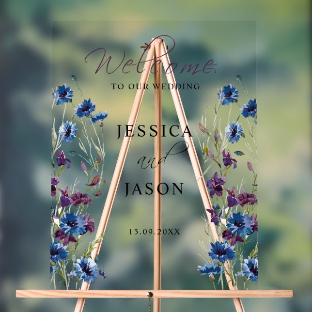 Panneau En Acrylique Dusty Royal Blue Purple Bloom Mariage Bienvenue (Neutre)