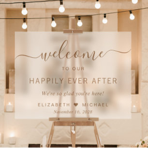 Panneau En Acrylique Écriture dorée chic pour mariage givré Bienvenue