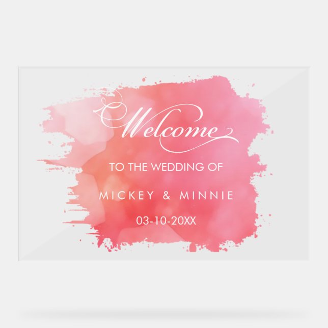 Panneau En Acrylique Écriture Élégante Rose Aquarelle Bienvenue Mariage (Recto)