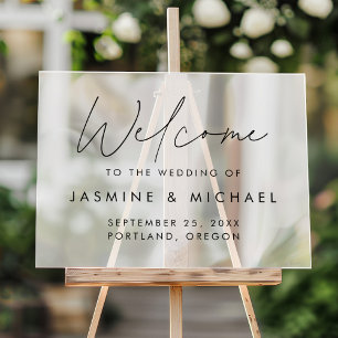 Panneau En Acrylique Écriture noire moderne de mariage Bienvenue givré