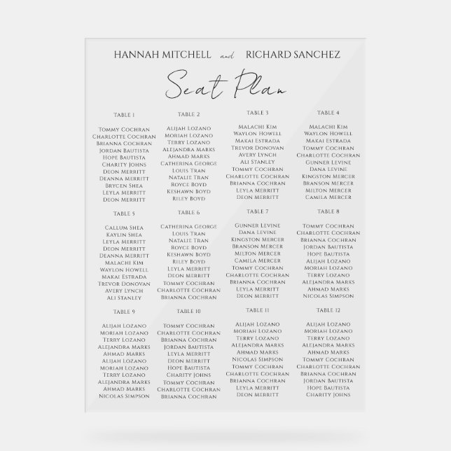 Panneau En Acrylique Elegant Acrylic Wedding Seating Chart (Recto)