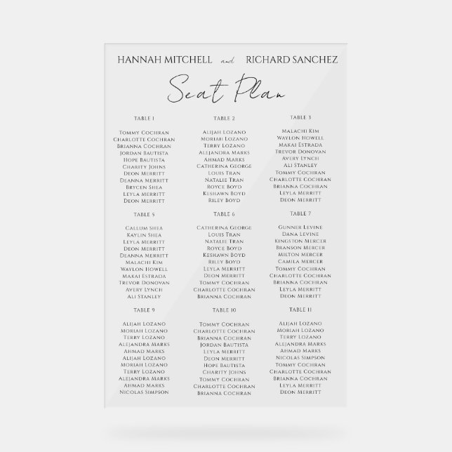 Panneau En Acrylique Elegant Acrylic Wedding Seating Chart (Recto)