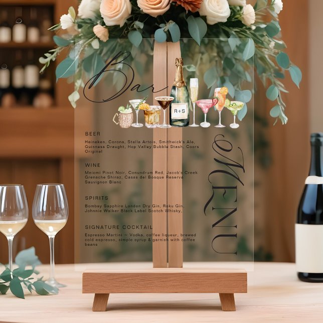 Panneau En Acrylique Elégant Aquarelle Cocktails Bar Mariage Menu (Elegant Watercolor Cocktails Wedding Bar Menu Acrylic Sign)