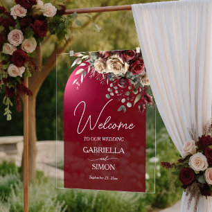 Panneau En Acrylique Élégant Arches Roses Bourguignon Mariage Bienvenue