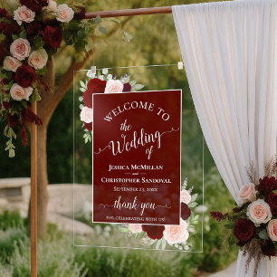 Panneau En Acrylique Élégant Bienvenue Mariage Roses Bohème Rouge Bourg