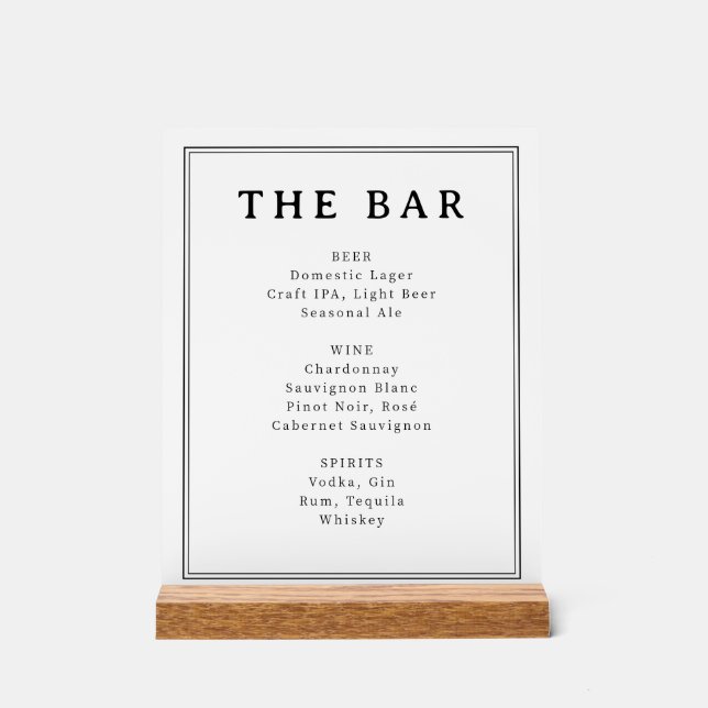 Panneau En Acrylique Elegant Black and White Typographic Bar Menu (Recto)