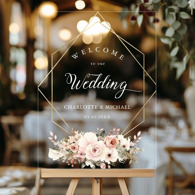 Panneau En Acrylique Elégant, Blanc, Pastel, Fleur, Mariage géométrique (Personalized Elegant, White, Pastel, Flower, Geometric Wedding Acrylic Sign with your names and date)