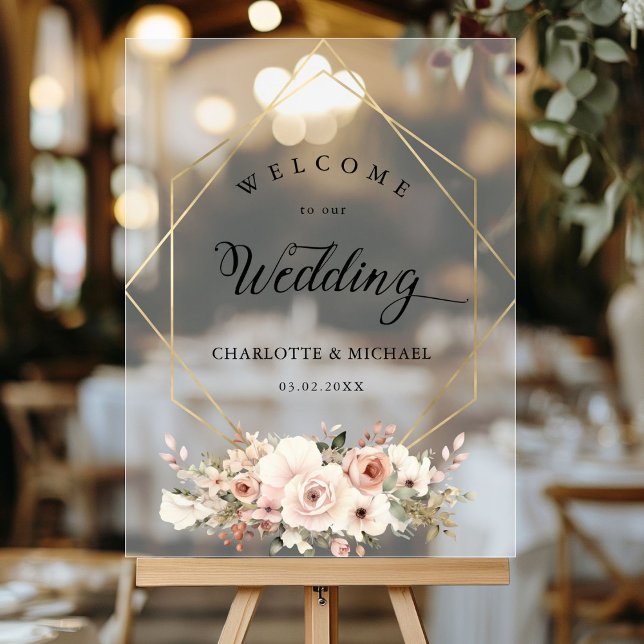 Panneau En Acrylique Elégant, Blanc, Pastel, Fleur, Mariage géométrique (Personalized Elegant, White, Pastel, Flower, Geometric Wedding Acrylic Sign with your names and date)