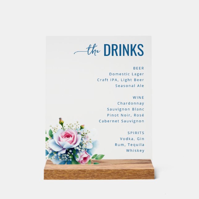 Panneau En Acrylique Elegant Blue Floral Beverage Menu (Recto)
