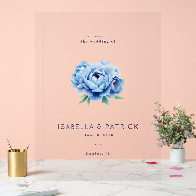 Panneau En Acrylique Elegant Blue Floral Wedding Invitation (Mariage)