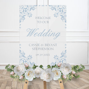 Panneau En Acrylique Elégant Blue Vintage Frame Mariage Bienvenue
