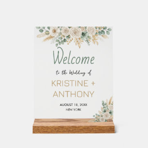 Panneau En Acrylique Élégant Blush Floral Mariage Welcome Bois Block