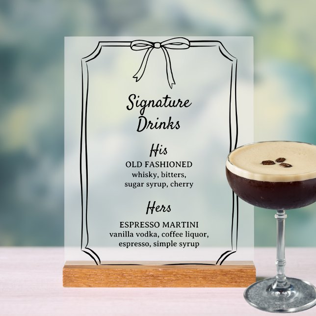 Panneau En Acrylique Elégant Bow Signature Boissons Mariage Bar Menu (Créateur téléchargé)