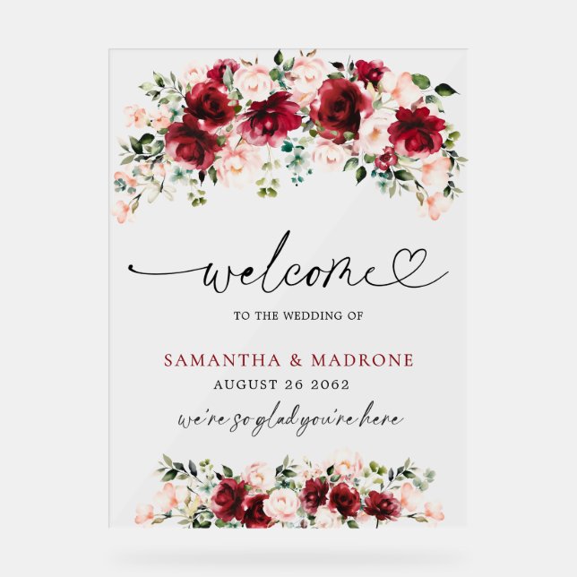 Panneau En Acrylique Elegant Burgundy Blush Rose Floral Wedding Welcome (Recto)