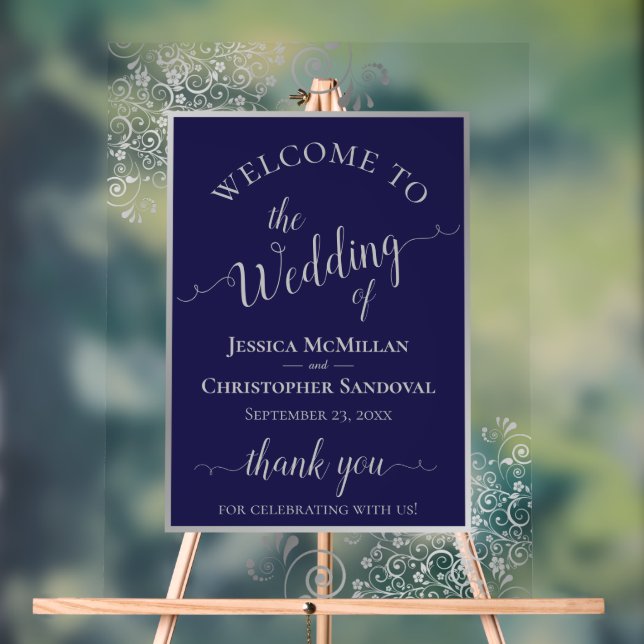 Panneau En Acrylique Elegant Calligraphy Navy & Silver Wedding Welcome (Neutre)