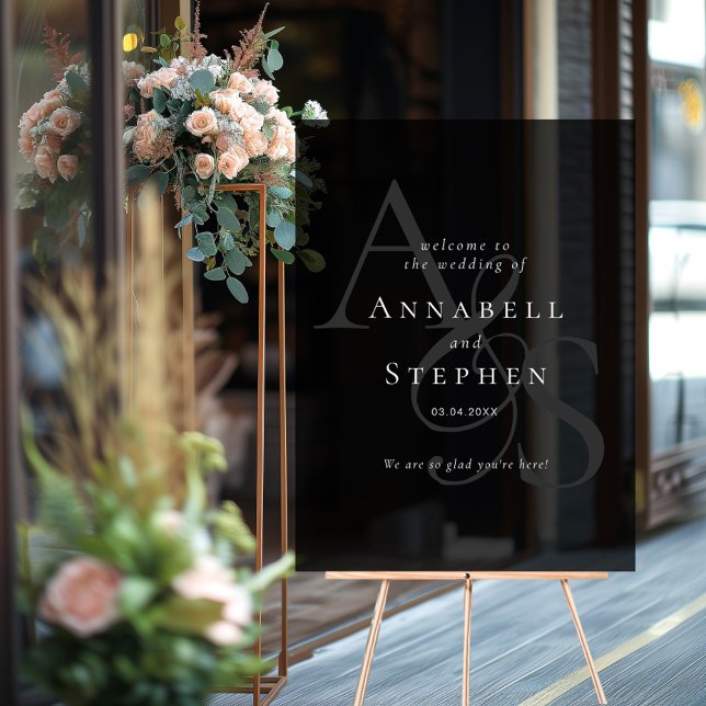 Panneau En Acrylique Élégant, Classique, Monogramme, Noir, Mariage (Elegant, Classic, Monogram, Black, Wedding Acrylic Sign with your name and date)