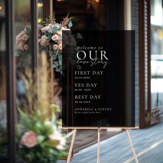 Panneau En Acrylique Élégant, classique, noir, BIENVENUE À NOTRE HISTOI (Elegant, Classic, WELCOME TO OUR LOVE STORY Acrylic Sign with your name and date.)