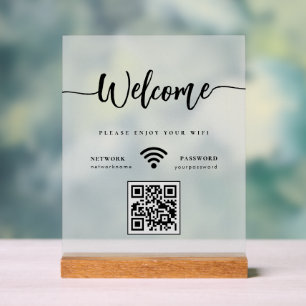 Panneau En Acrylique Élégant Code QR WIFI Script de Bienvenue givré
