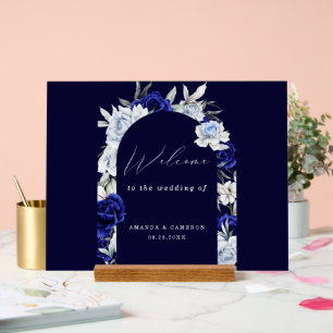 Panneau En Acrylique Elégant Dusty Blue Navy Floral Mariage Bienvenue