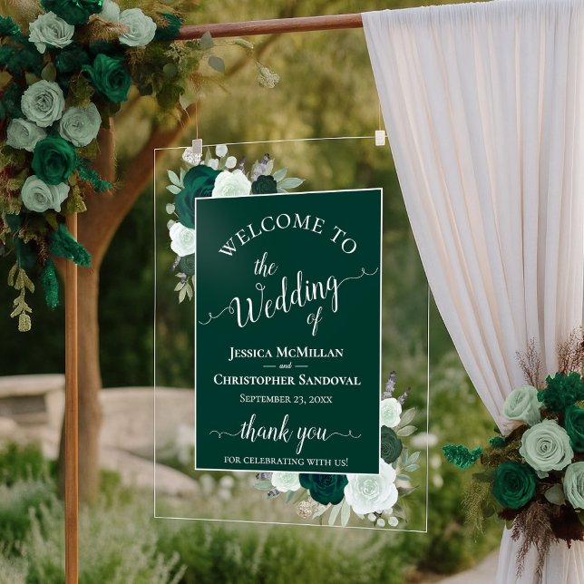 Panneau En Acrylique Elegant Emerald Green Boho Roses Wedding Welcome (Créateur téléchargé)