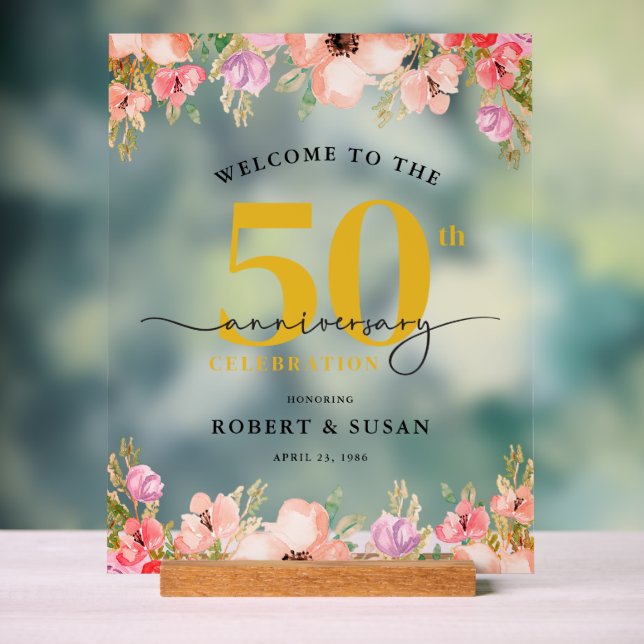 Panneau En Acrylique Elegant Floral 50th Wedding Anniversary Welcome (Neutre)