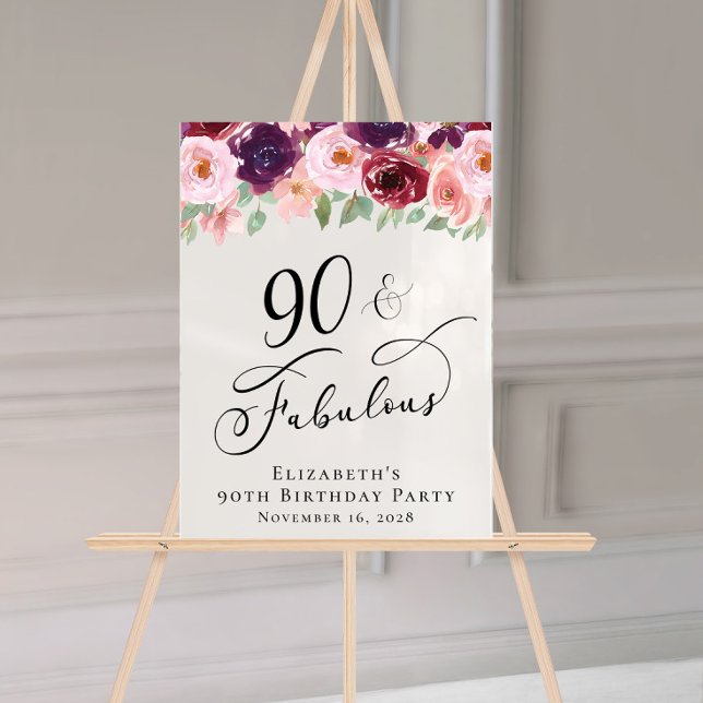 Panneau En Acrylique Elégant Floral 90e anniversaire de fête Bienvenue (Créateur téléchargé)