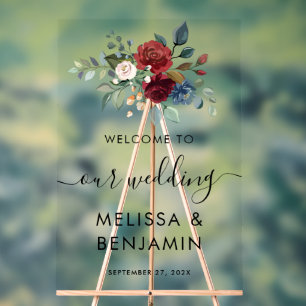 Panneau En Acrylique Élégant Floral Bloom Bourgogne Script Mariage