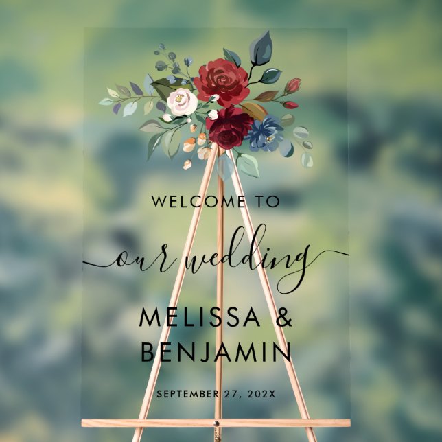 Panneau En Acrylique Élégant Floral Bloom Bourgogne Script Mariage (Neutre)