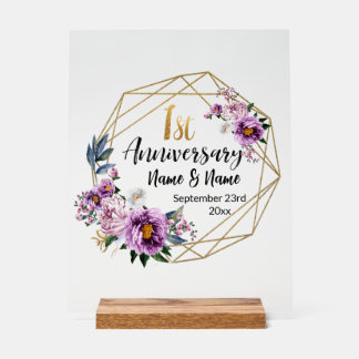 Panneau En Acrylique Élégant floral or 1re année d'anniversaire de mari