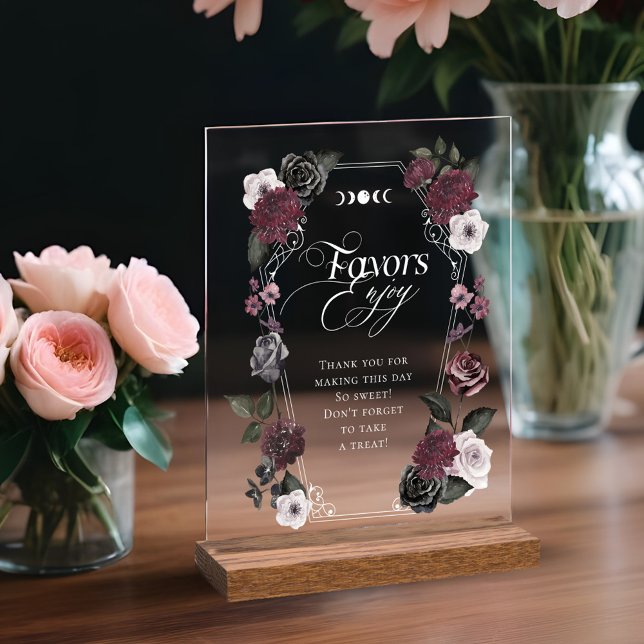 Panneau En Acrylique Elégant Gothique Noir Aquarelle Favoris Floraux (Elegant Gothic Black Watercolor Floral Favors Acrylic Sign)