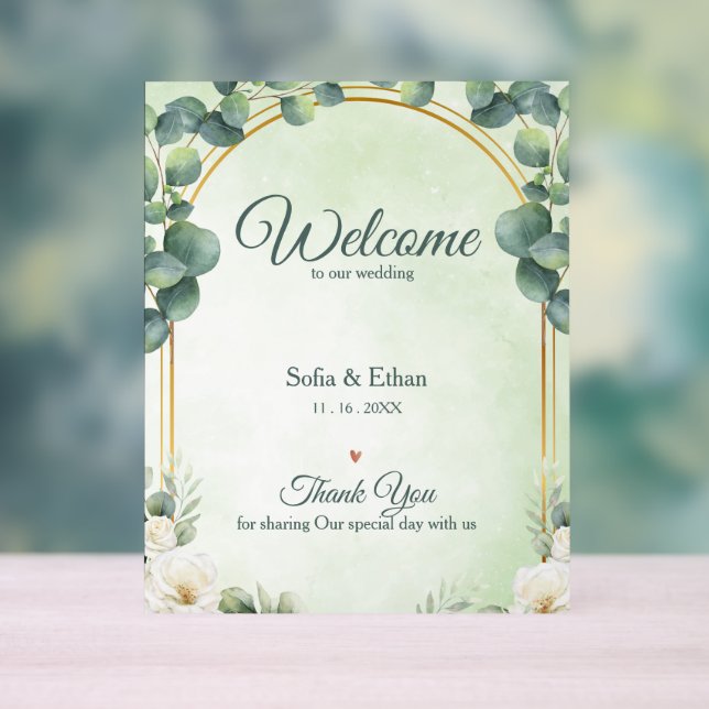 Panneau En Acrylique Elegant Greenery Gold Arch Wedding Welcome (Neutre)