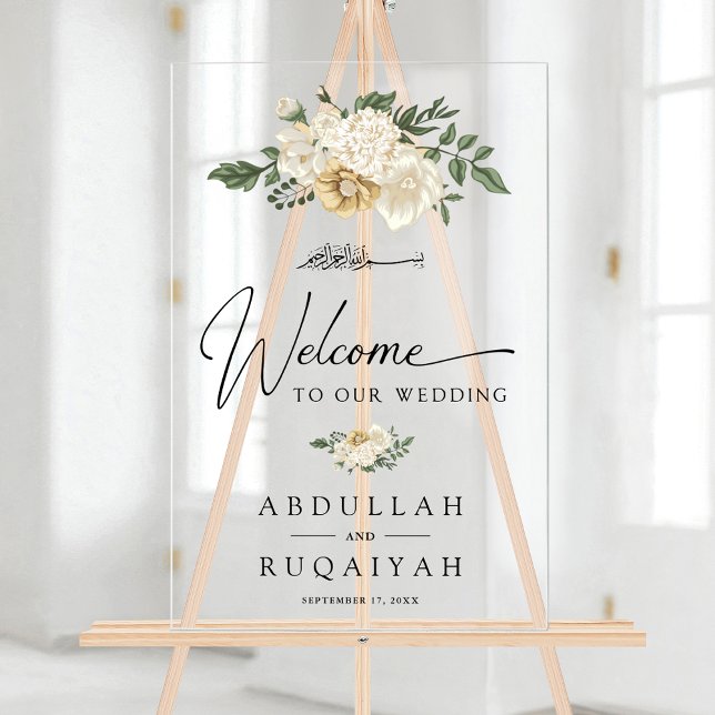 Panneau En Acrylique Elegant Ivory Floral Muslim Wedding Welcome (Créateur téléchargé)